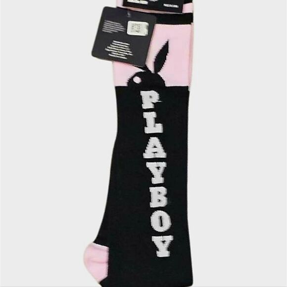 Playboy Bunny Vertical Logo Over-The-Knee Socks- Black/Pink - Picture 2 of 5